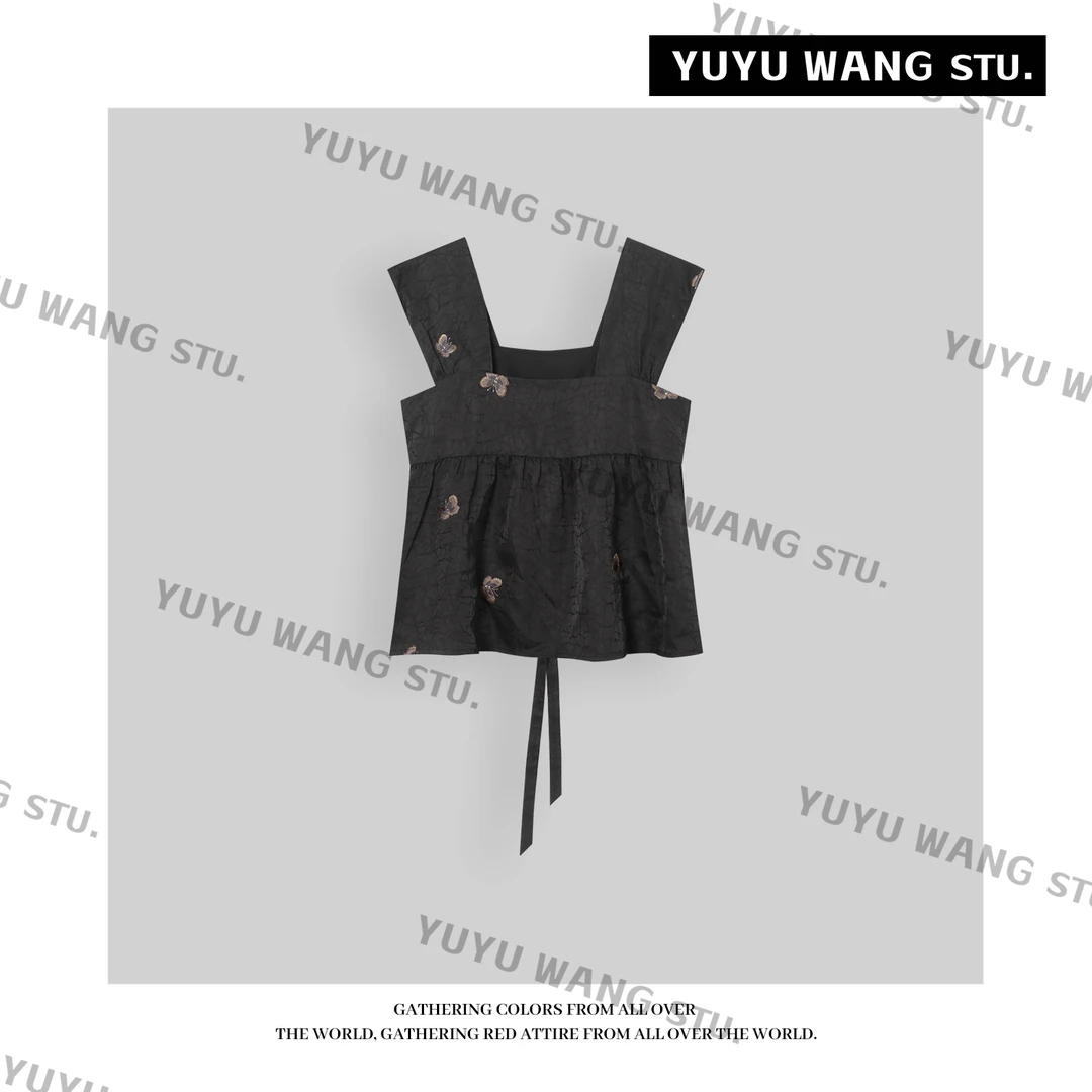 YUYU WANG【蝶汐】黑色吊带背心女宽肩带蝴蝶刺绣设计感系绳上衣