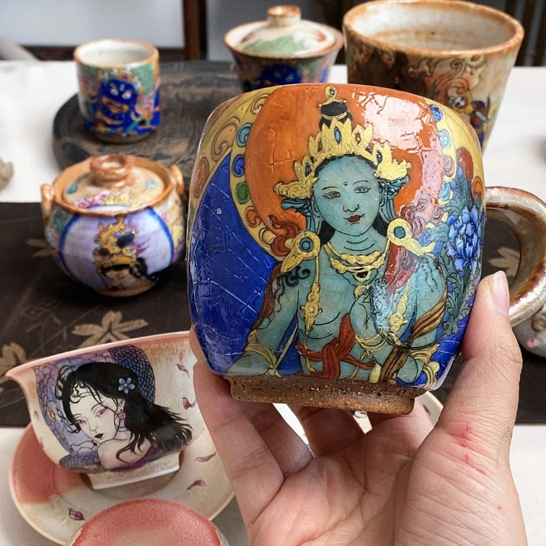 手工手绘绿度母马克杯