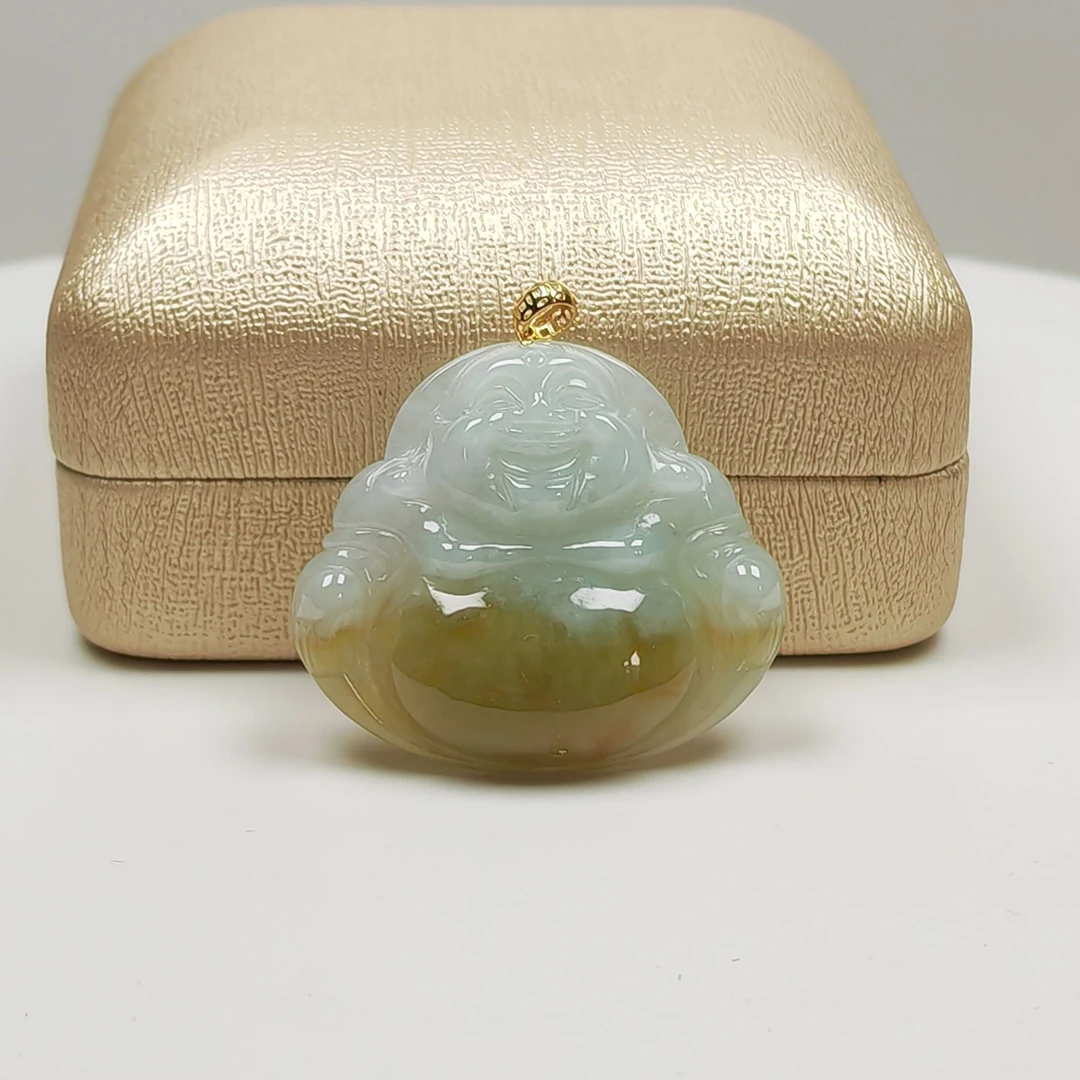 缅甸天然翡翠半山水黄翡翠佛公吊坠女士18K金镶嵌肚里藏金弥勒拂