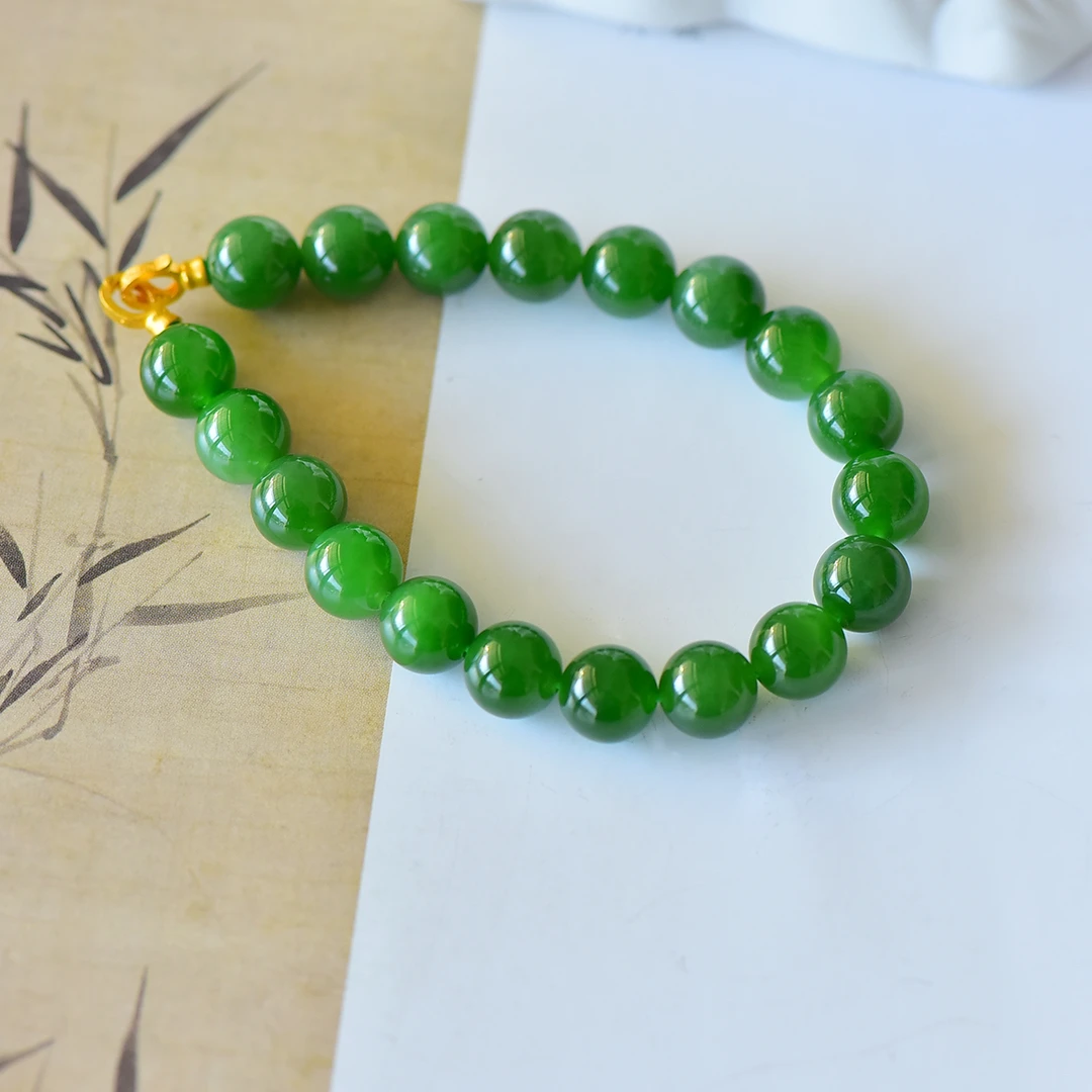 TT778 天然和田玉碧玉圆珠手链 10mm约 大气时尚18K金