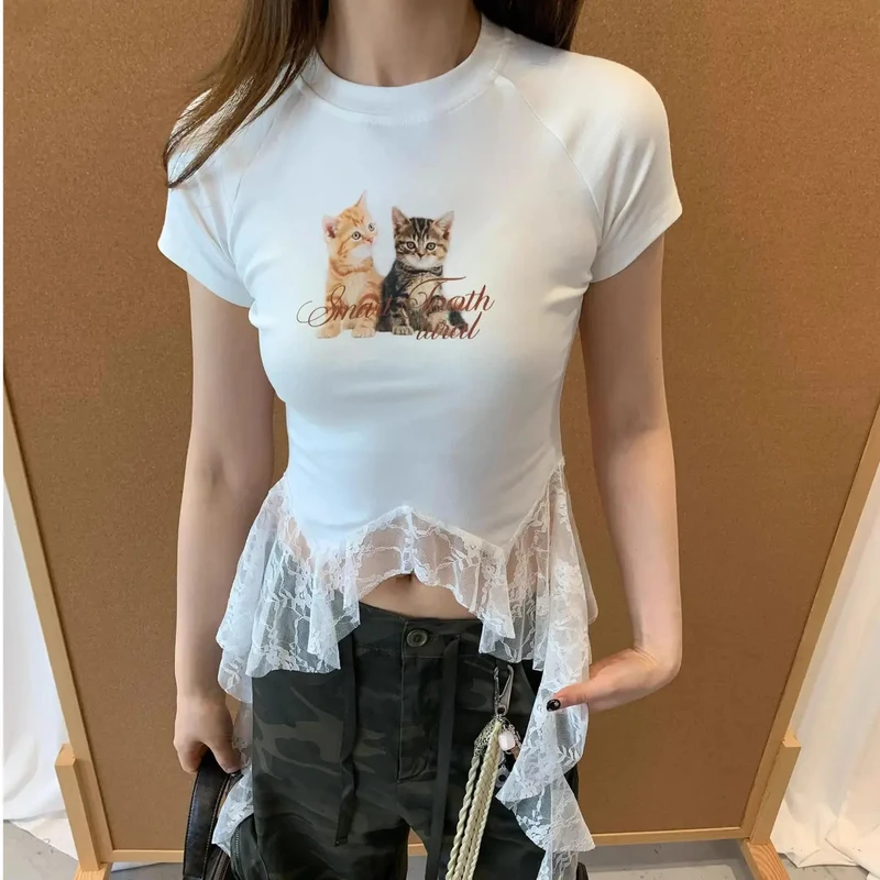【猫猫定制】高街辣妹纯欲印花蕾丝拼接显瘦时髦不规则T恤个性修身