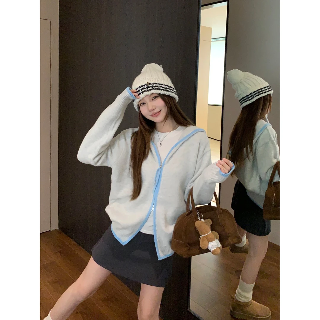 减龄撞色拼接双拉链毛衣外套女秋季2025新款宽松软糯连帽针织开衫