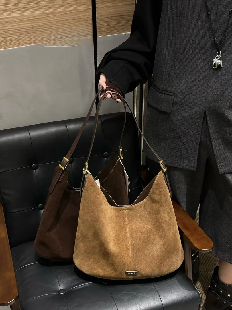 韩版单肩包磨砂牛皮轻奢磁扣复古风斜跨百搭斜挎款法式真皮托特包