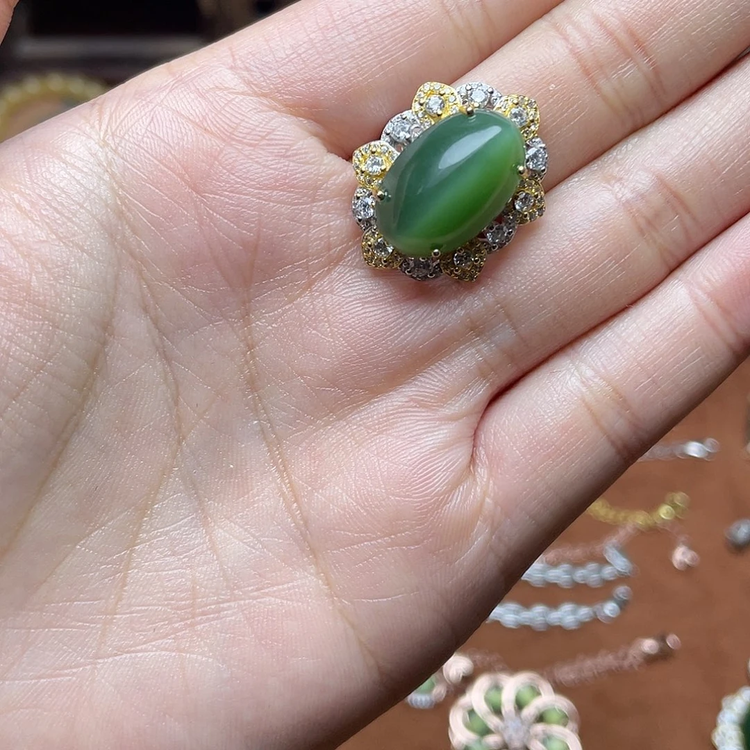 和田玉（碧玉）银S925镶嵌吊坠(赠链)戒指