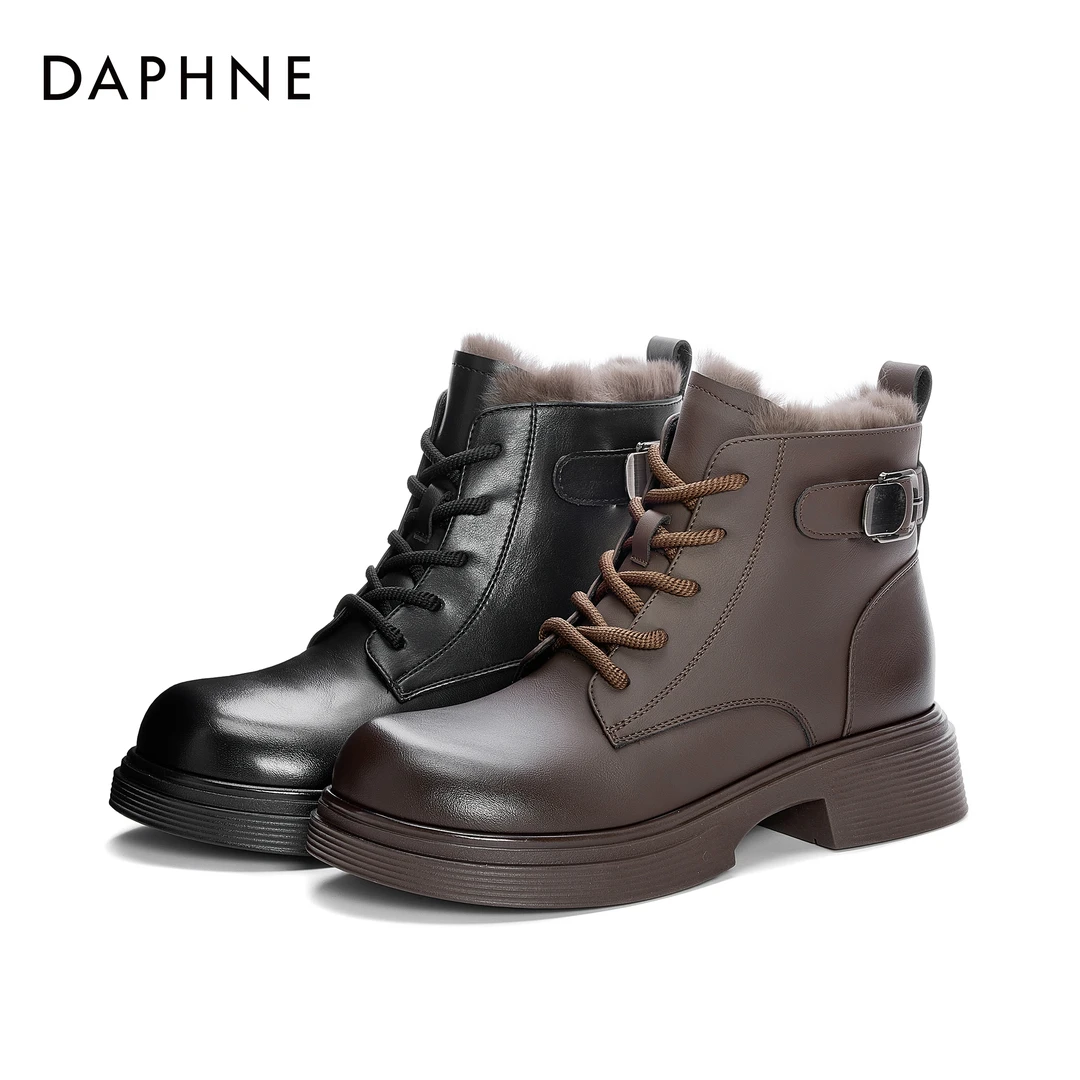 达芙妮厚底英伦风马丁靴女款2025冬季上新加绒短靴黑色真皮棉靴子