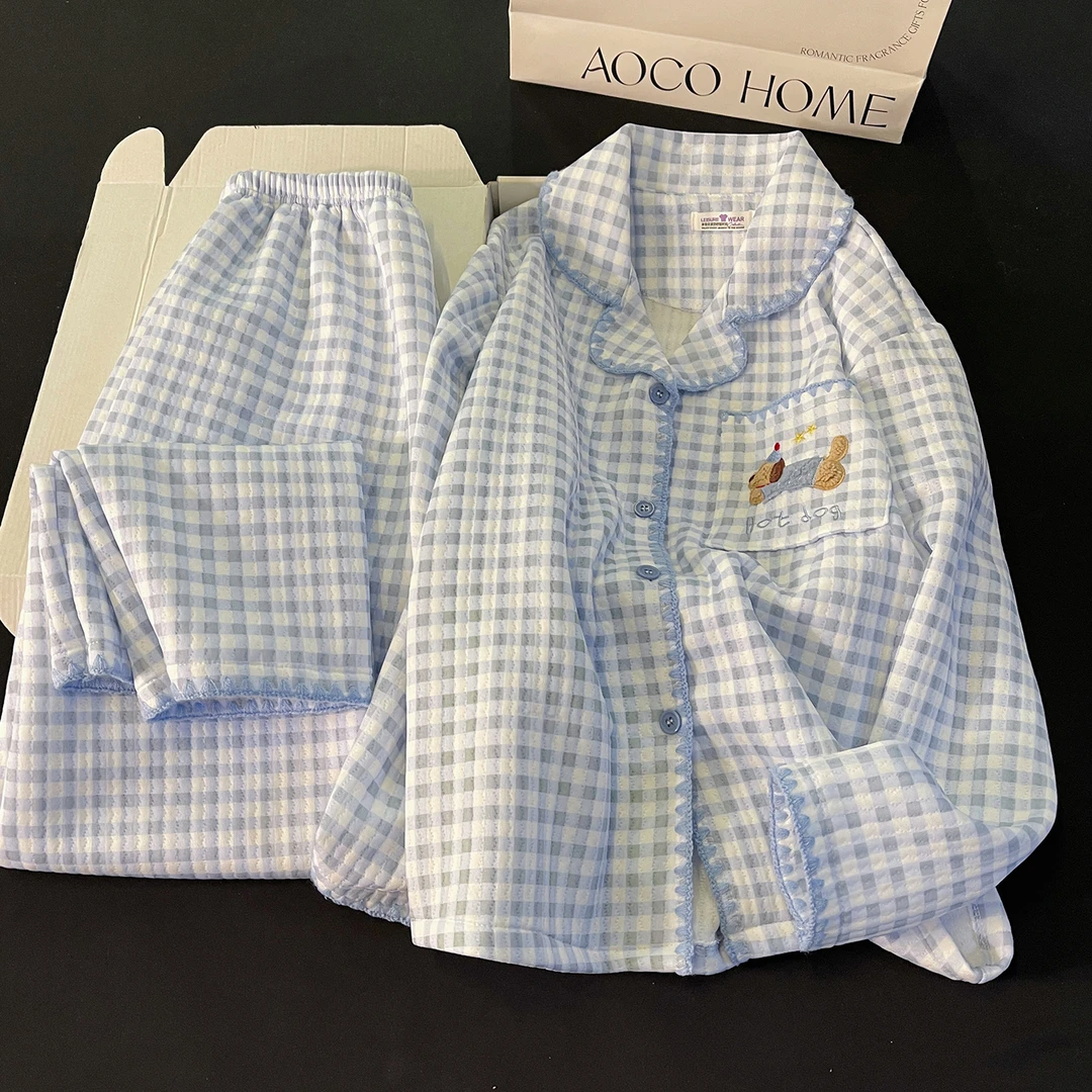 可爱腊肠小狗睡衣女秋冬季加厚保暖空气棉夹层蓝色格子宽松家居服