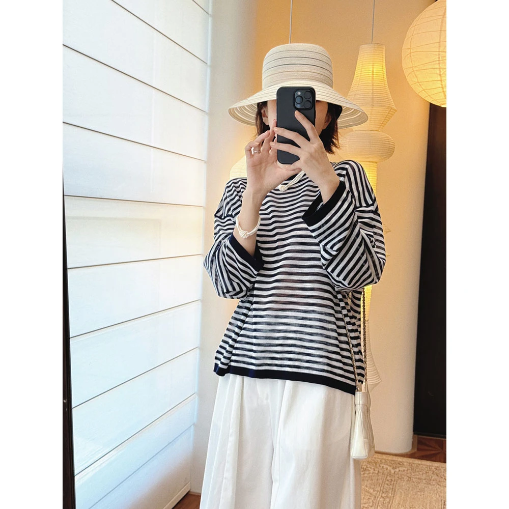 【MGDM】轻薄宽松休闲慵懒藏青条纹晒罩衫女拼接圆领长袖YSA25185