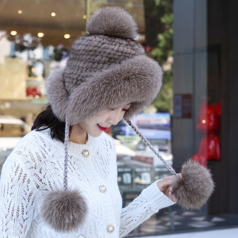 针织帽子女冬季保暖狐狸毛边水貂皮草帽百搭东北护耳保暖潮显脸小