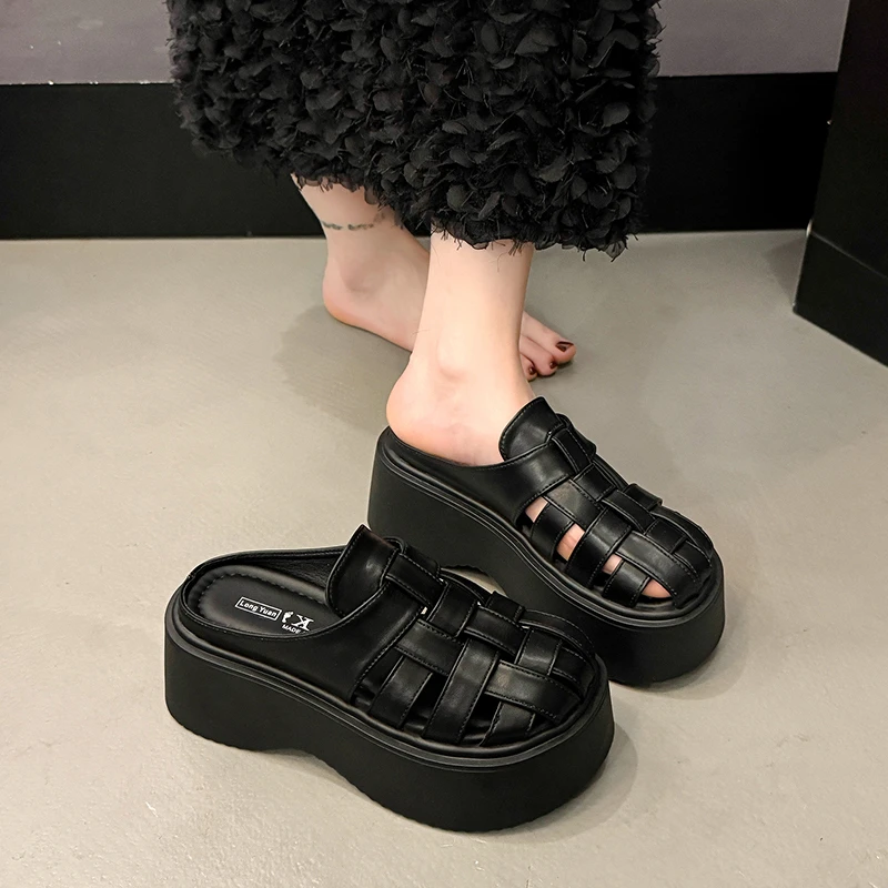 【5cm+7cm】厚底包头半拖鞋女2025夏季新款增高百搭外穿懒人凉鞋