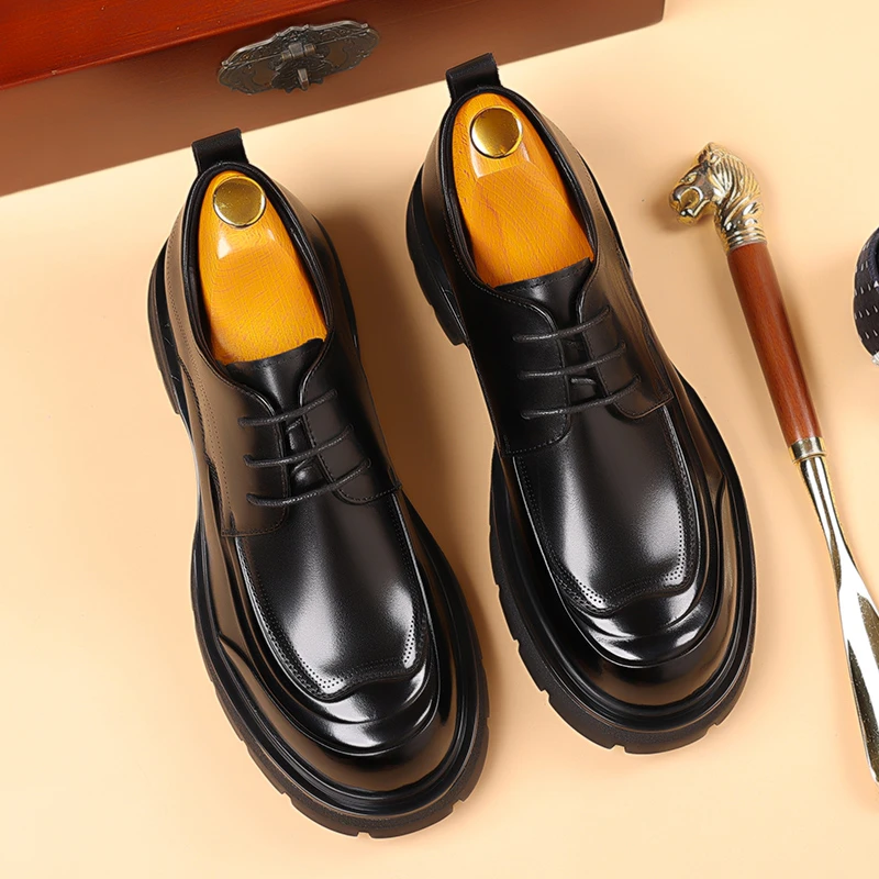专柜高定头层牛皮增高商务系带休闲男皮鞋时尚百搭男鞋软底真皮鞋