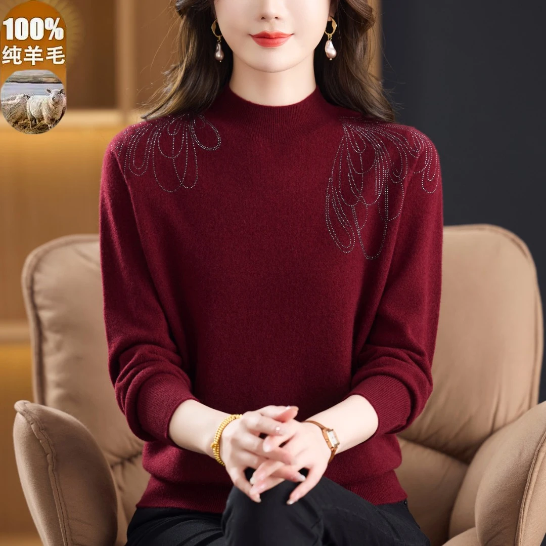 洋气半高领女士宽松毛衣100%纯羊毛时尚妈妈羊毛衫百搭保暖打底衫