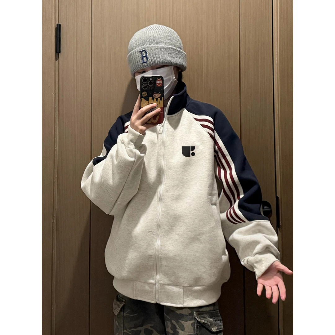 美式潮牌个性设计字母印花撞色三条杠立领开衫男女秋冬情侣款卫衣