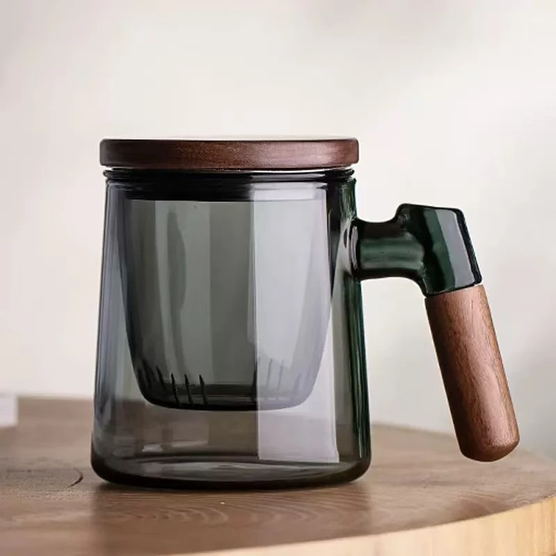 北美黑胡桃实木盖绿茶花茶杯高硼硅玻璃大容量桌面摆件