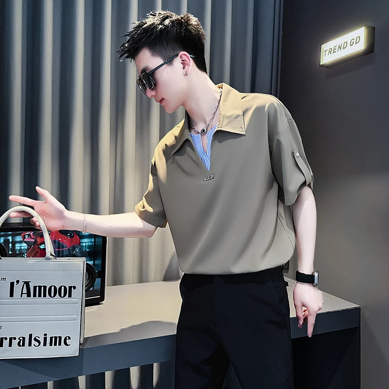 假两件男士冰丝衬衫夏季短袖2025新款爆款潮牌高档拼接条纹衬衣寸