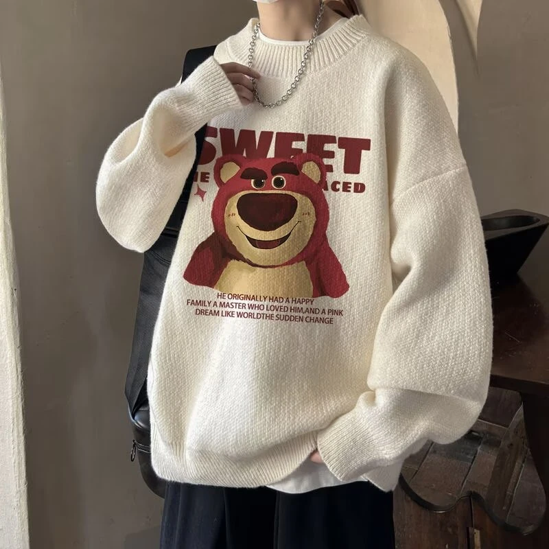 草莓熊慵懒风毛衣男女冬季休闲简约圆领内搭潮牌宽松情侣针织上衣