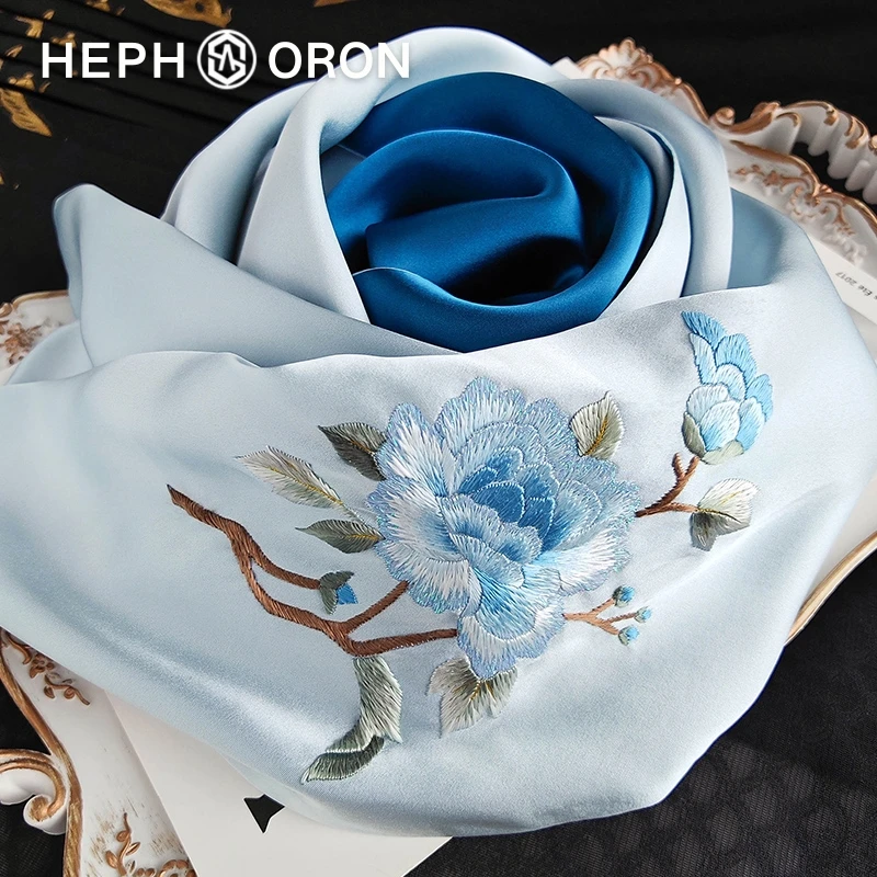 HEPHSORON苏绣丝巾礼盒送妈妈蓝色刺绣百搭高级感桑蚕丝真丝围巾