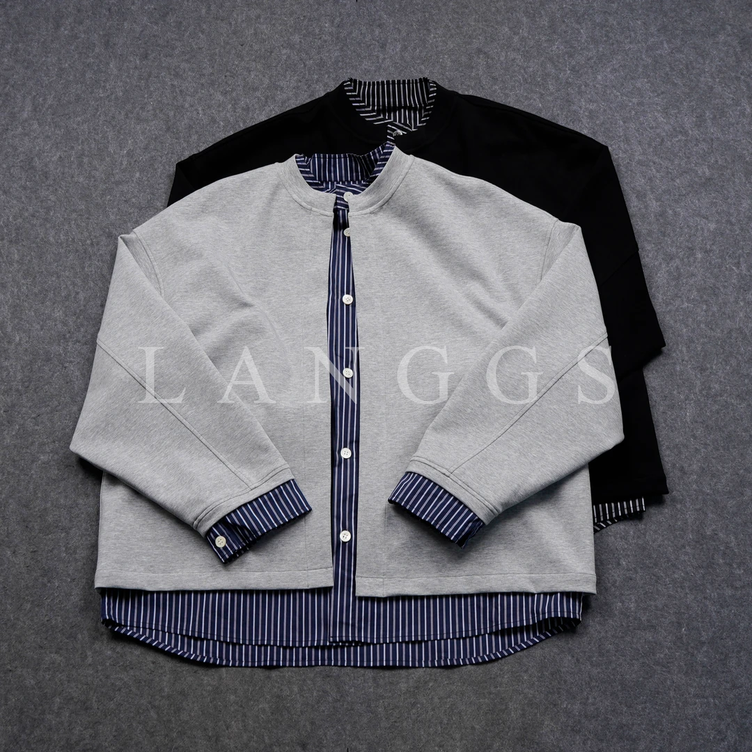 LANGGS&浪叔 25春季混纺面料衬衫元素立领假两件卫衣-SS5175