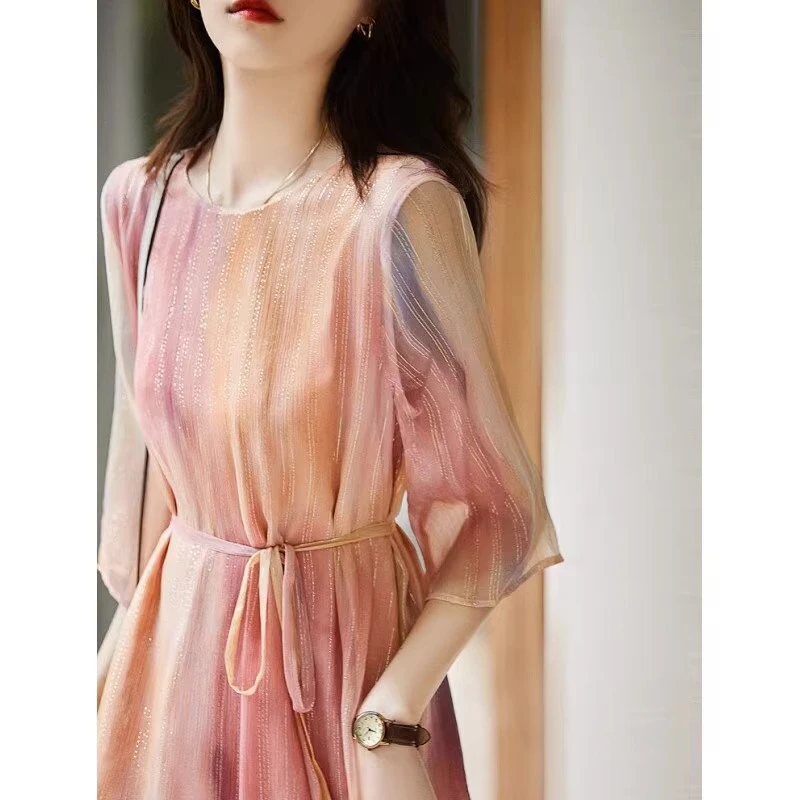 法式渐变粉色连衣裙女2025夏季高端奢华气质仙气长裙修身显瘦优雅