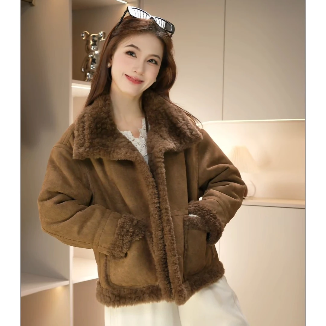 短外套冬季百搭加厚毛领上衣皮毛一体女装宽松耐磨保暖8209