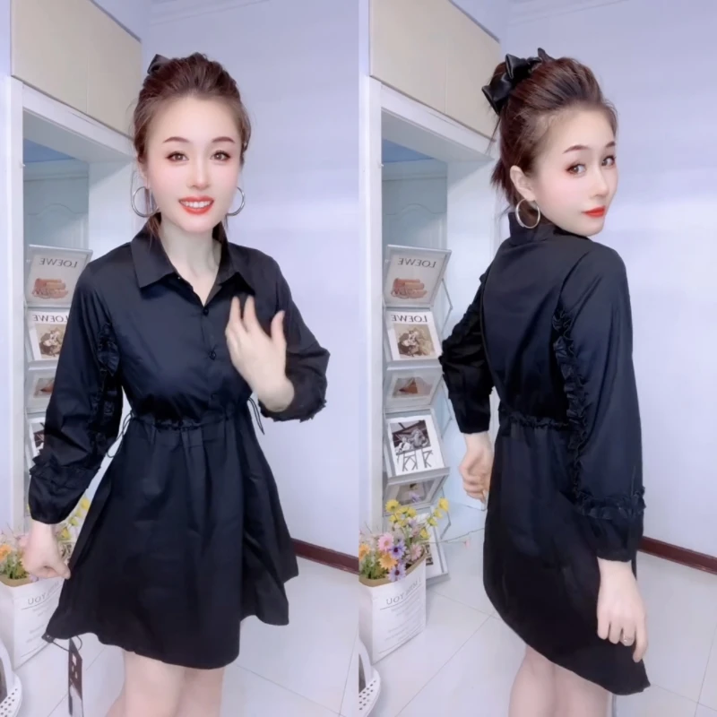 韩版气质显瘦木耳边半开领长袖中长款衬衫连衣裙百搭时尚女装