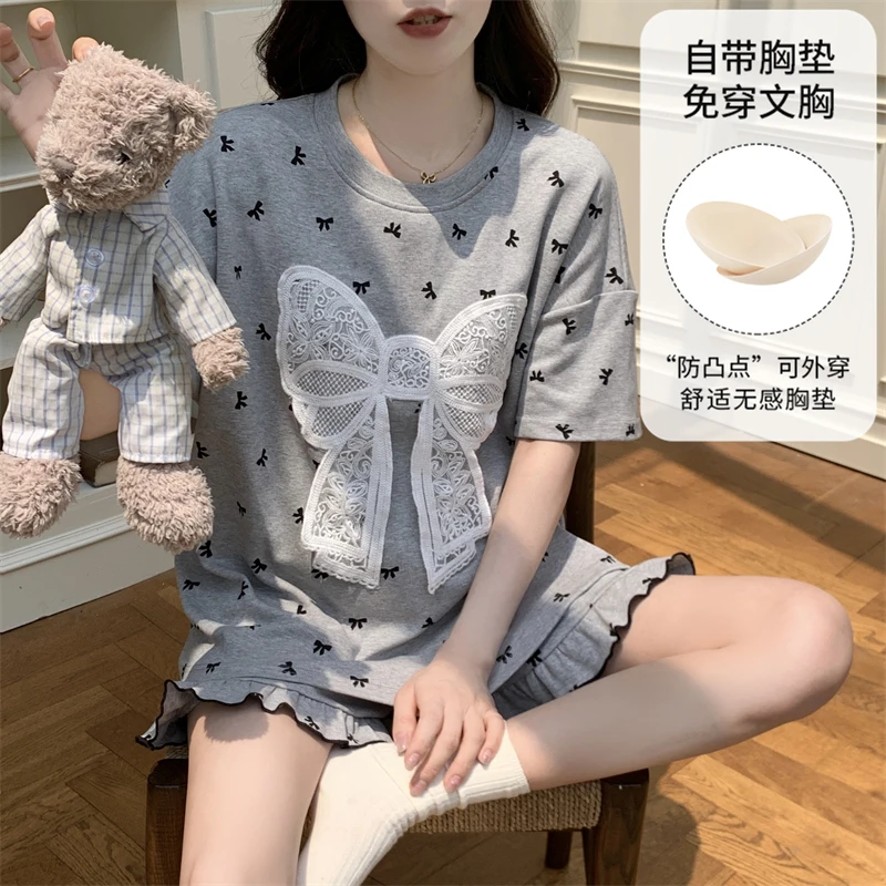 短袖短裤可爱绝美外穿家居睡衣女款小个子女孩初中生带胸垫家居服
