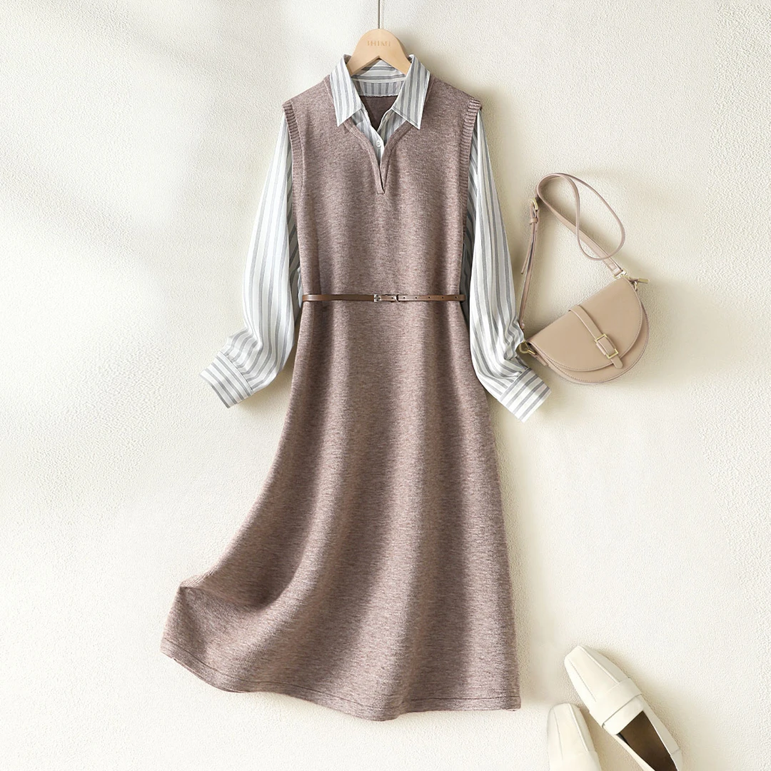 IHIMI/海谧【直播】25秋条纹拼接假两件针织衬衫裙秋款百搭连衣裙女