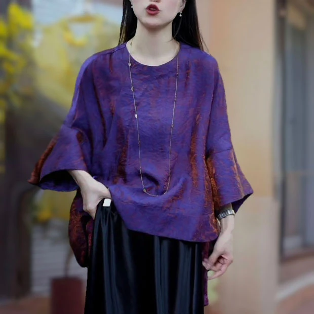 【罗马假日】夏季圆领新中式高定紫电鎏光花螺提花宽松百搭衬衫