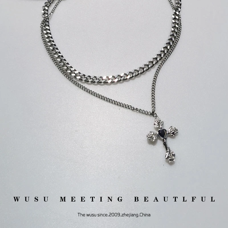 钛钢项链 双层叠戴花朵十字架颈链个性高级感小众设计男女配饰品