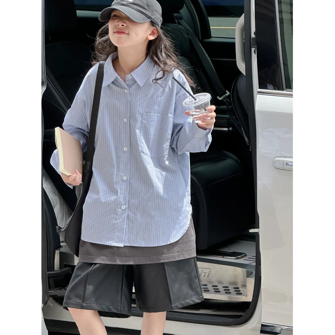 K29675孙小美假两件女童衬衫2025新款秋装儿童条纹上衣女大童外套