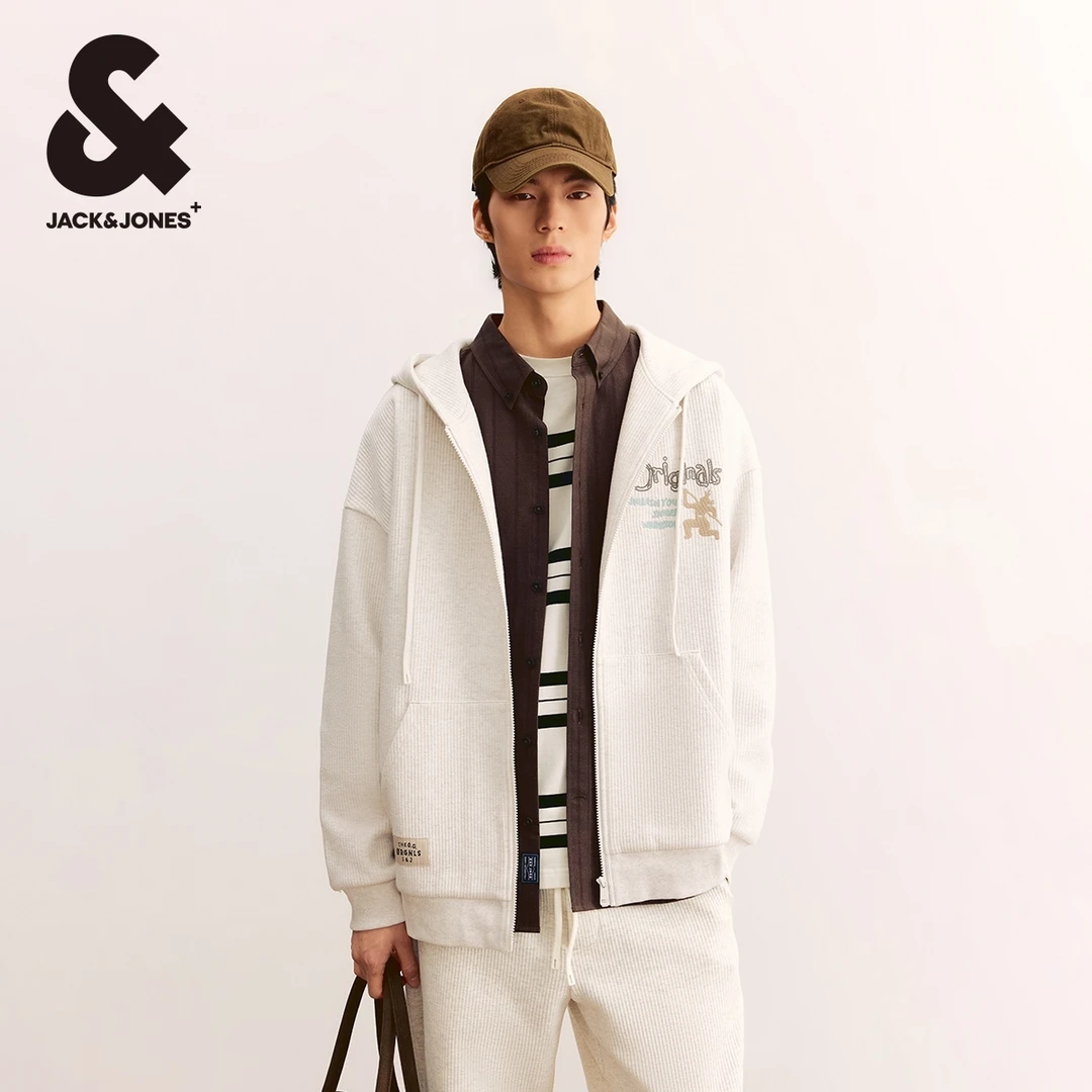 杰克琼斯秋季OVERSIZED胸前字母刺绣潮百搭抽绳连帽开衫卫衣男款