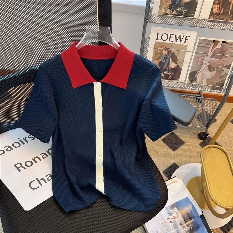 西木柒冰丝短袖T恤翻领套头设计感Polo领韩版上衣夏小香风针织衫