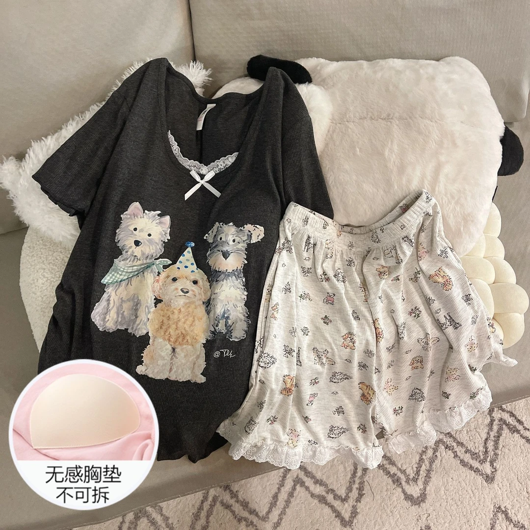 网红风睡衣女士夏季高级感带胸垫凉感2025新款短袖萌狗套装家居服