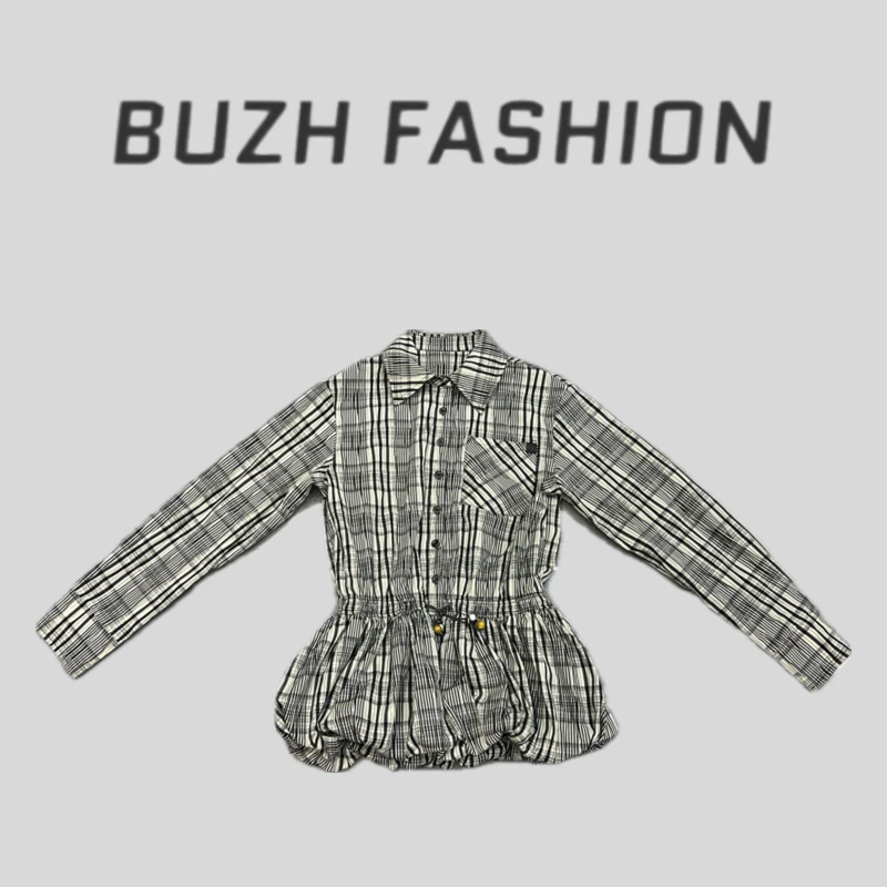 BUZH夏季新款褶皱格纹翻领串珠撞色长袖衬衫花束腰花苞