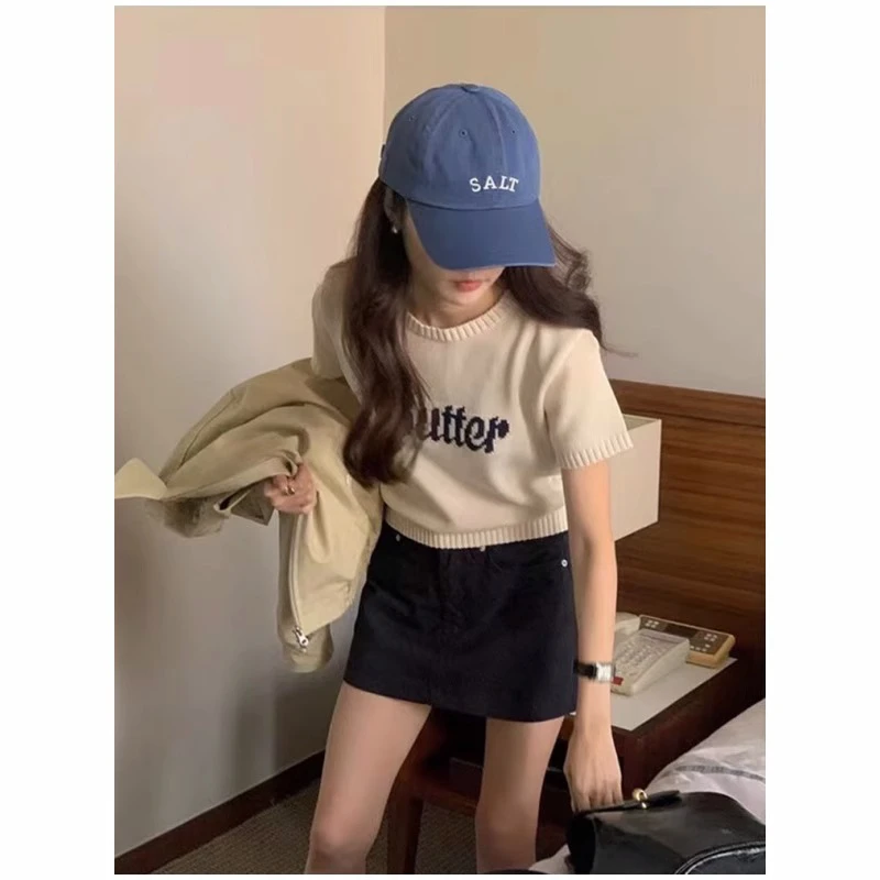 杏色短款冰丝打底上衣女百搭洋气显瘦设计感小众修身正肩短袖t恤