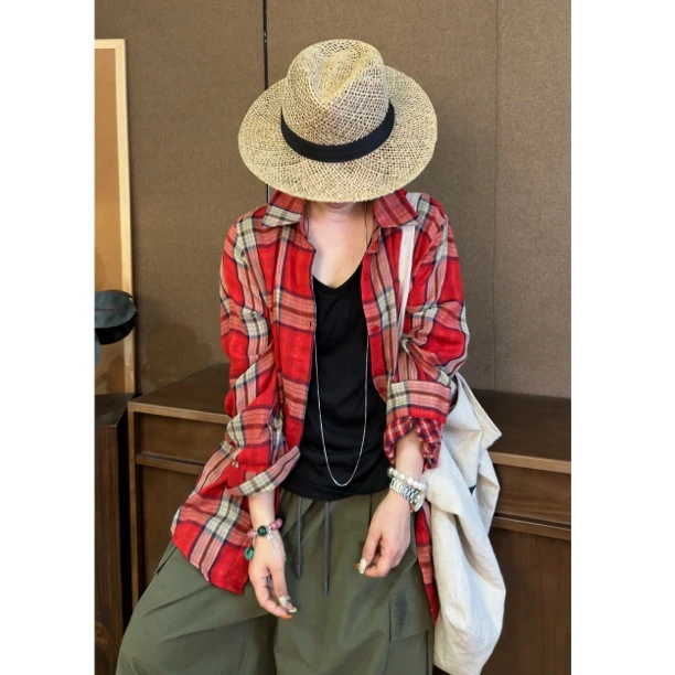 HY罗罗红色格子双色衬衫复古休闲宽松长袖格纹韩版百搭时尚设计感