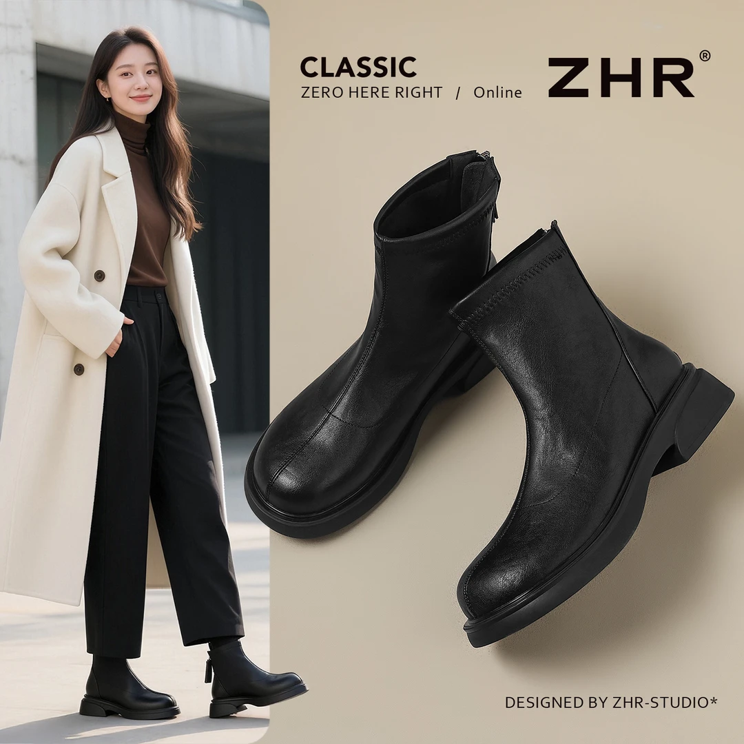 ZHR则则平底短靴女2025新款厚底黑色瘦瘦靴加绒保暖切尔西马丁靴