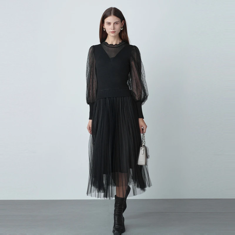 圣迪奥时尚百搭气质优雅显瘦蕾丝黑色中长款针织连衣裙S221Z1204