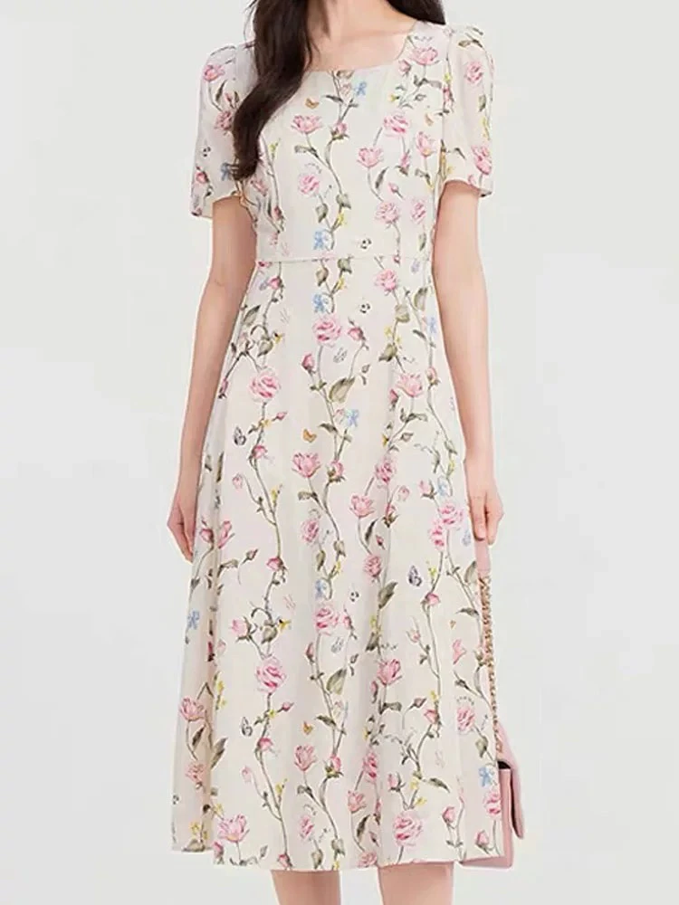 珂乔欣同款2025年夏桑蚕丝玫瑰印花茶歇连衣裙显瘦气质长裙