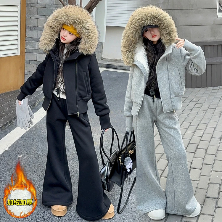 【丫丫童装】2025新款女中大童加绒加厚大毛领套装-GJF25169