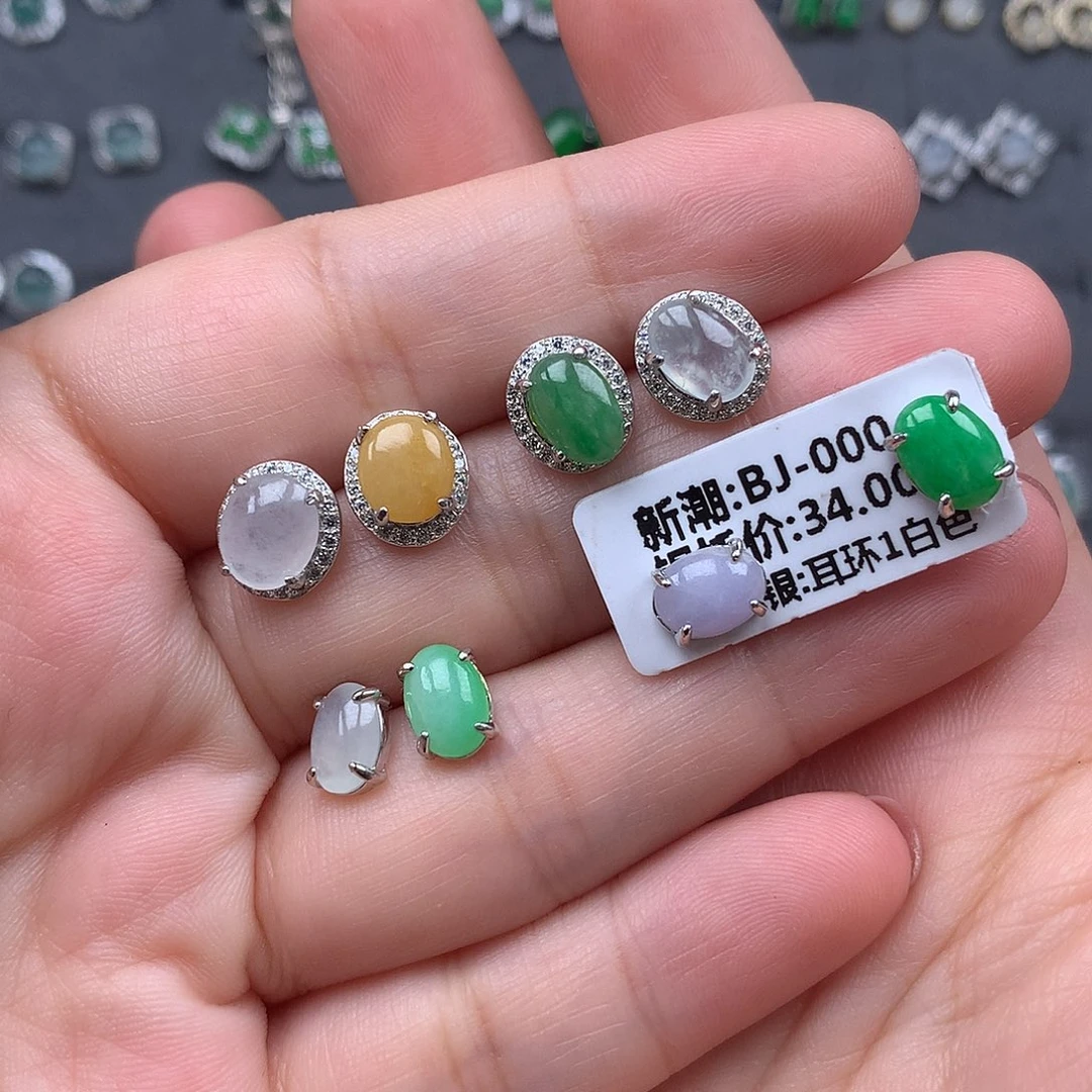 吨***供翡翠银S925镶嵌耳饰
