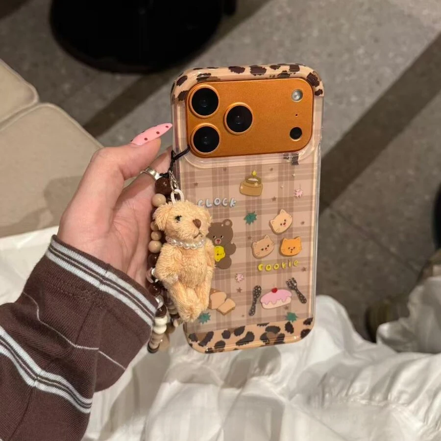 ins可爱格纹甜品小熊适用苹果17少女16promax手机壳15保护套1413