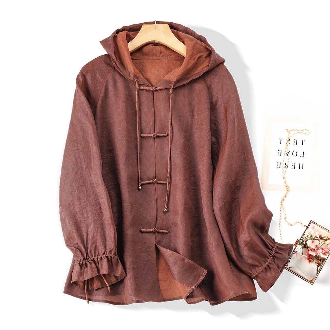 琸娅100%桑蚕丝红云纱真丝欧根纱连帽中国风上衣外套防晒衣设计款