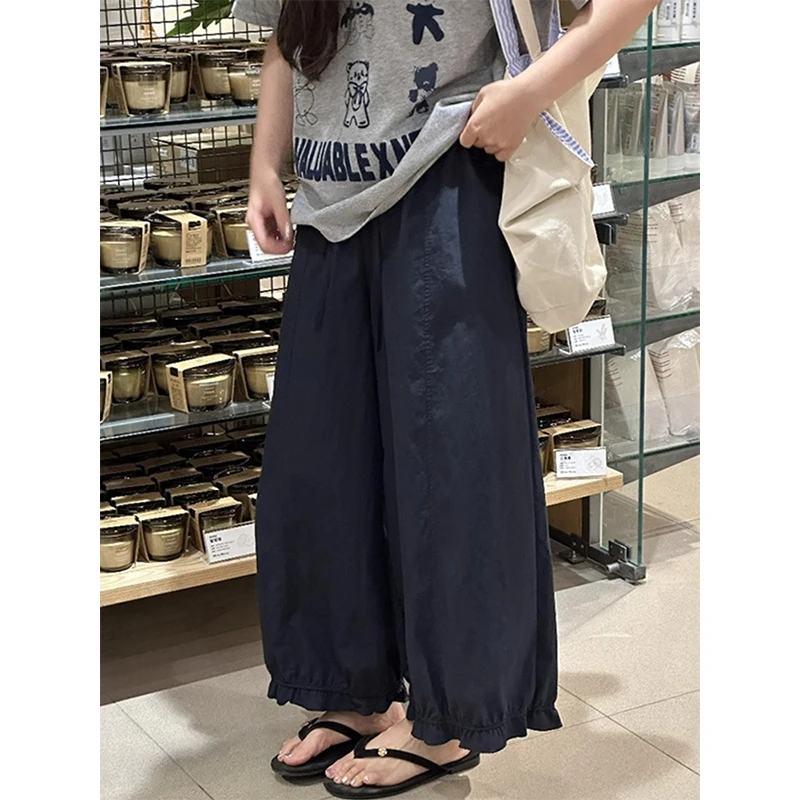 藏青色速干灯笼裤女夏季新款胖mm宽松显瘦工装休闲九分阔腿花苞裤