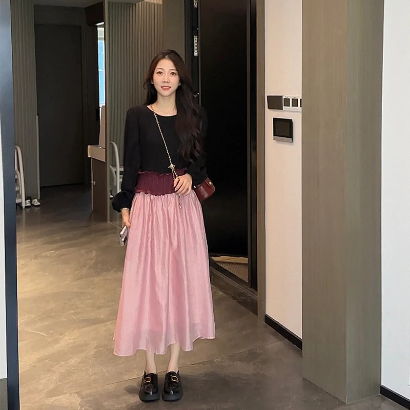 壹壹【马蒂斯花园】秋季A字时尚提花拼接醋酸气质连衣裙 2407D03