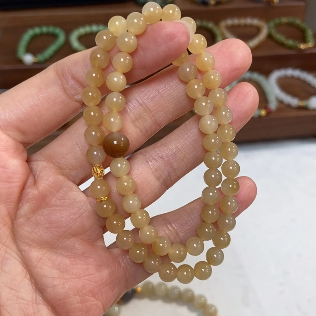 和田玉18K金镶嵌手链6mm糖白双拼