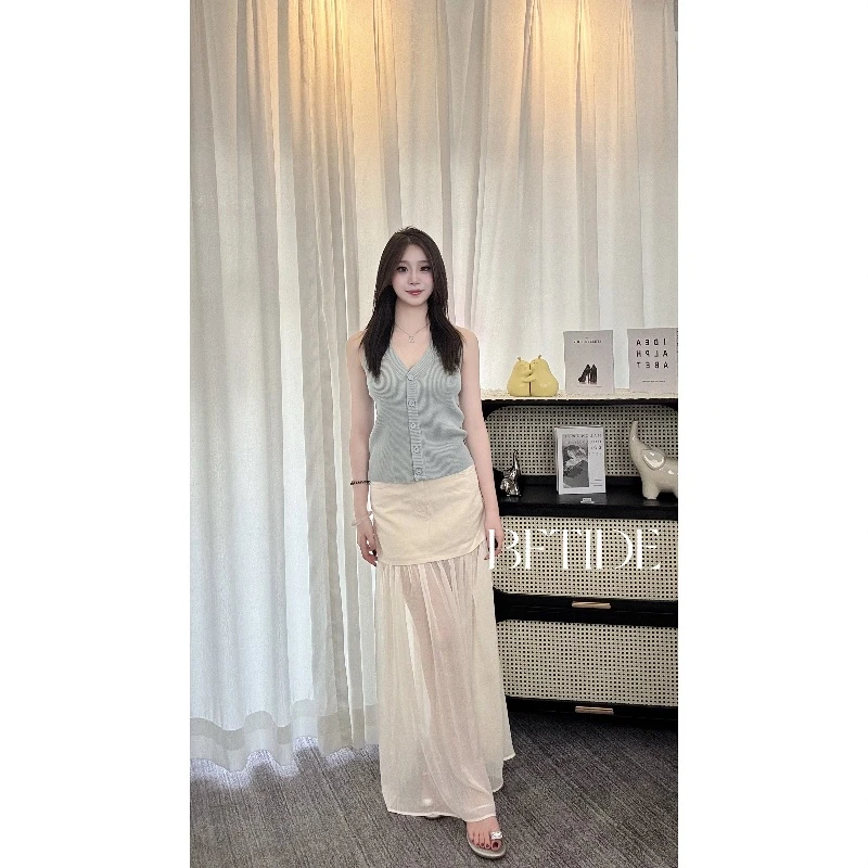 BFTIDE春夏气质别致拼接风网纱百搭半身裙