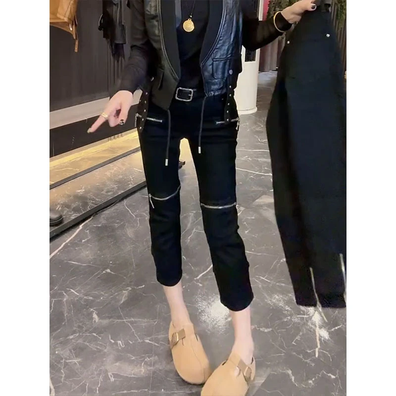 时尚前双拉锁设计直筒牛仔裤女2025年秋季新款弹力百搭显瘦烟管裤