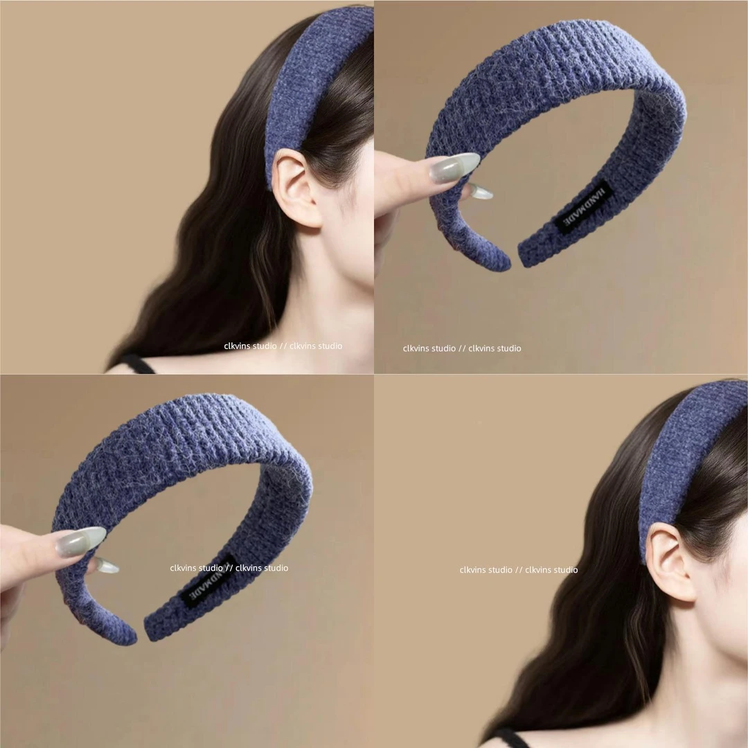 卡布里蓝~毛线针织条纹宽发箍莫兰迪色感压发箍气质旅行头箍