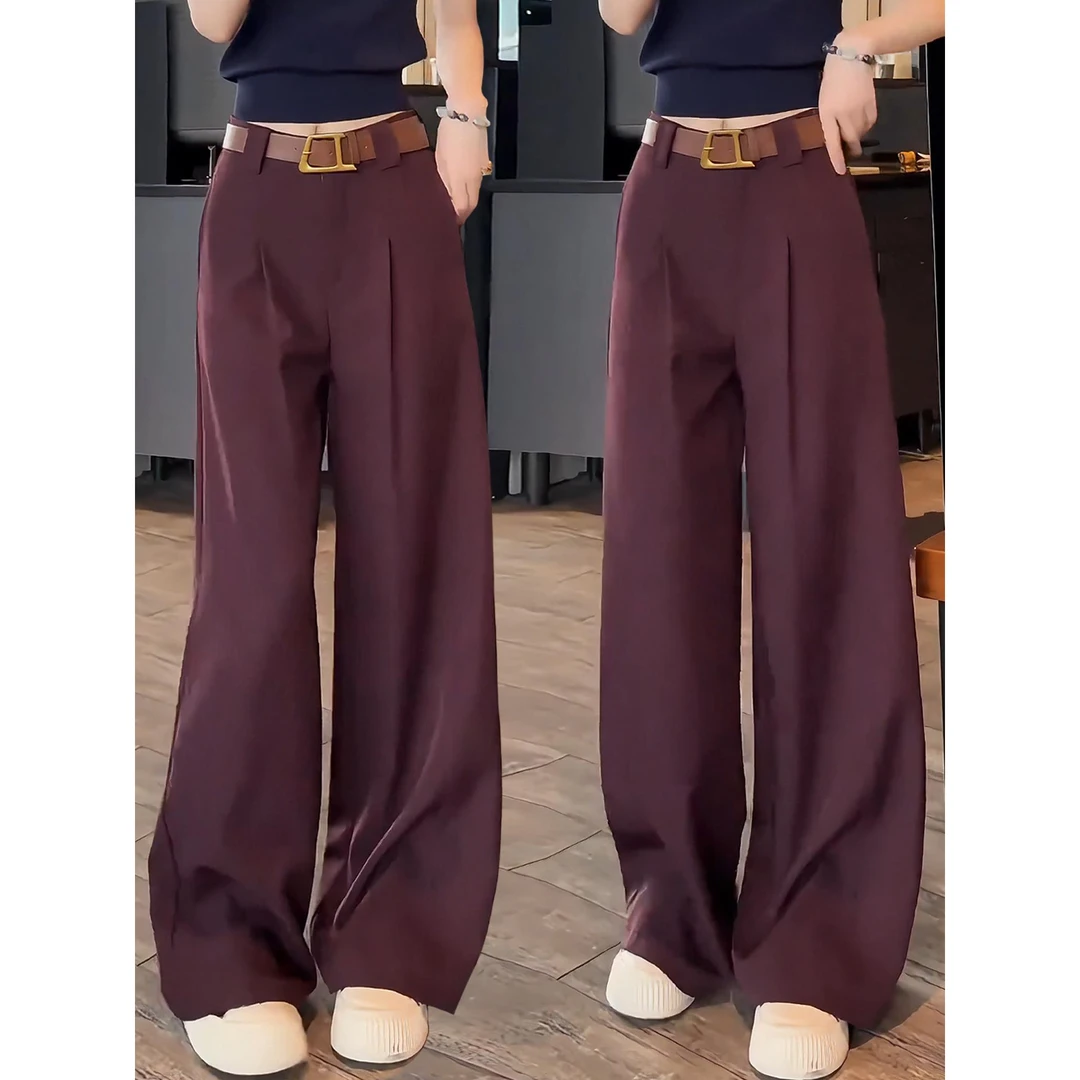 玫紫色西装阔腿裤女2025春秋季新款垂坠感高腰休闲直筒拖地长裤子