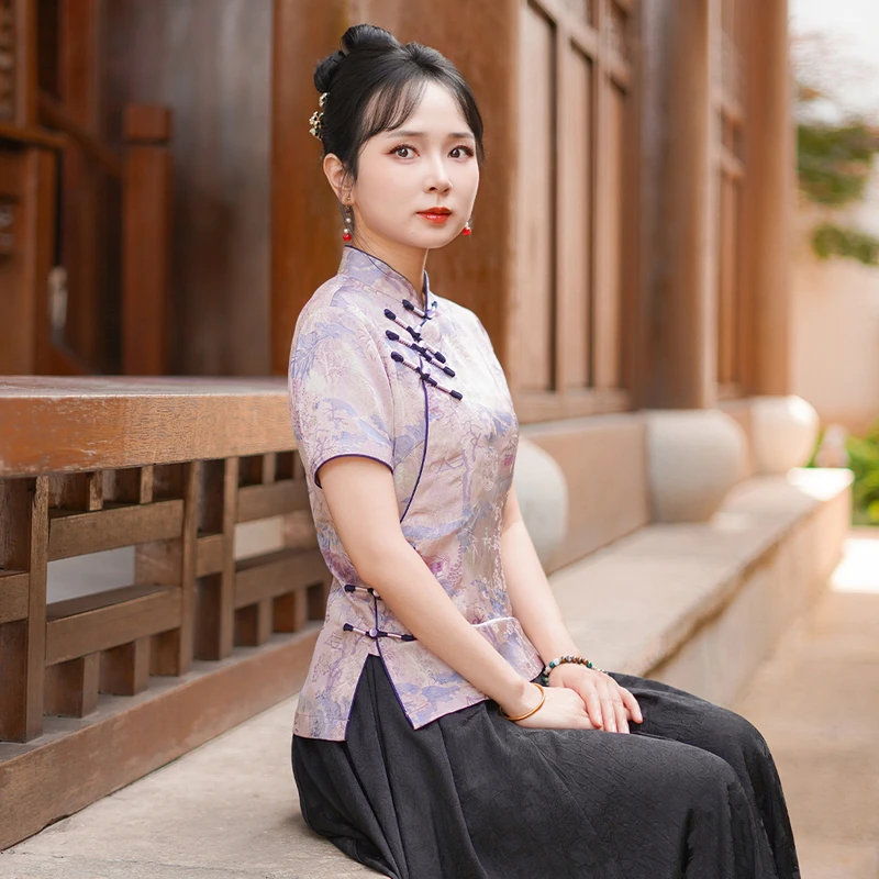 筠雅夏季新款唐装上衣女中式改良修身显瘦气质斜襟短袖上衣25J210